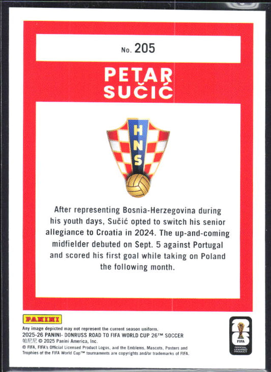 Petar Sučić 2025-26 Donruss Road to FIFA World Cup Rated Rookie #205 – baksida