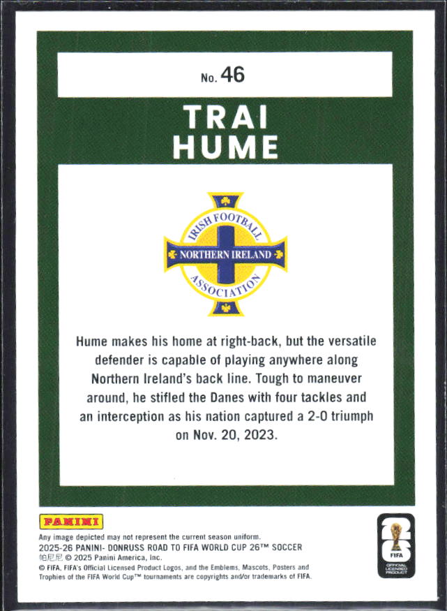 Trai Hume 2025-26 Donruss Road to FIFA World Cup #46 – baksida