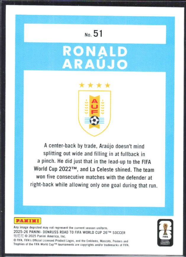 Ronald Araújo 2025-26 Donruss Road to FIFA World Cup #51 – baksida