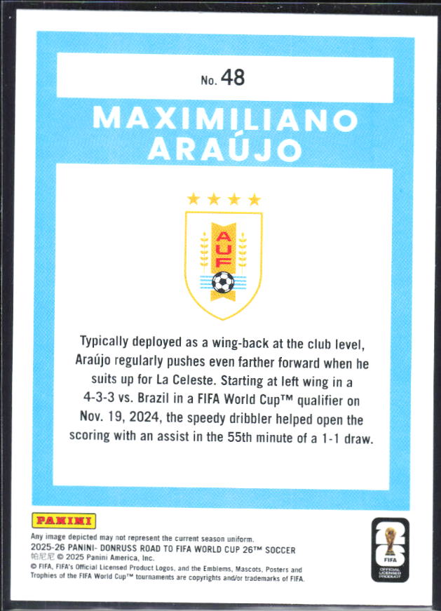 Maximiliano Araújo 2025-26 Donruss Road to FIFA World Cup #48 – baksida