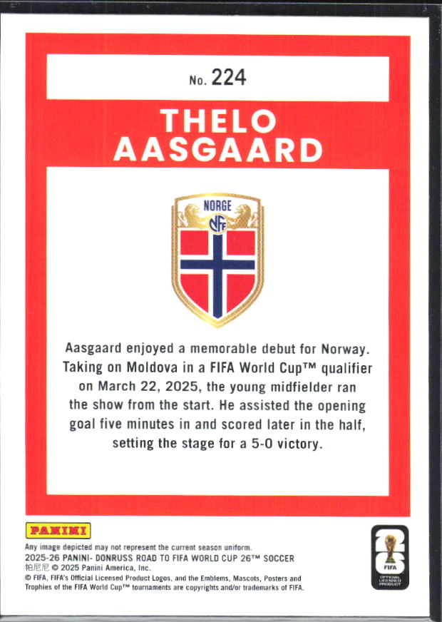 Thelo Aasgaard 2025-26 Donruss Road to FIFA World Cup Rated Rookie #224 – baksida