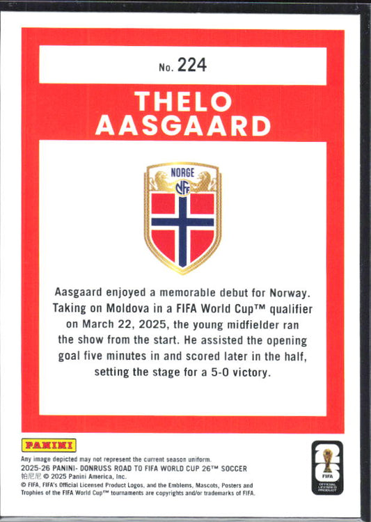 Thelo Aasgaard 2025-26 Donruss Road to FIFA World Cup Rated Rookie #224 – baksida