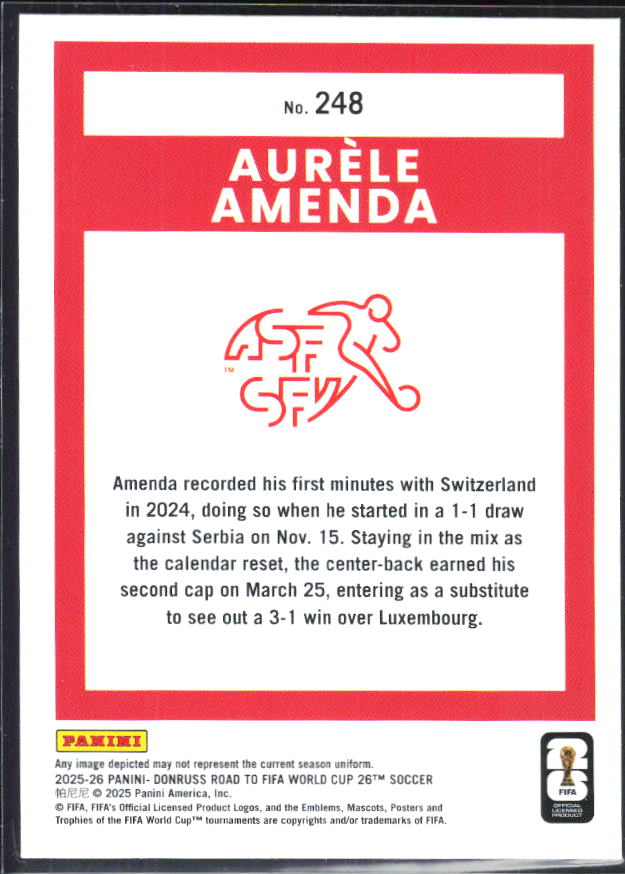 Aurèle Amenda 2025-26 Donruss Road to FIFA World Cup Rated Rookie #248 – baksida