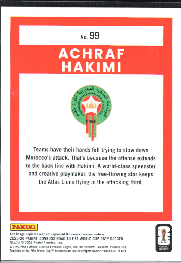 Achraf Hakimi 2025-26 Donruss Road to FIFA World Cup #99 – baksida