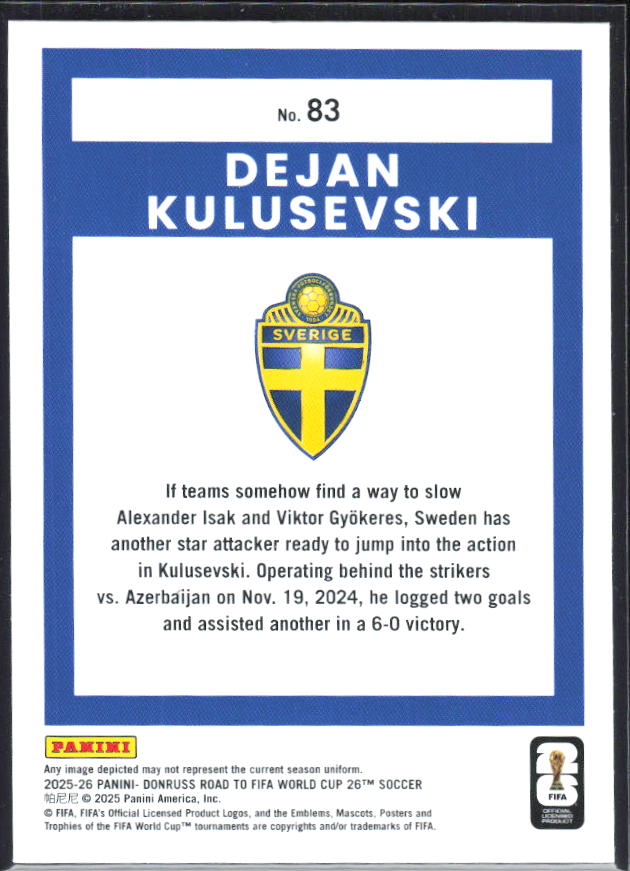 Dejan Kulusevski 2025-26 Donruss Road to FIFA World Cup #83 – baksida