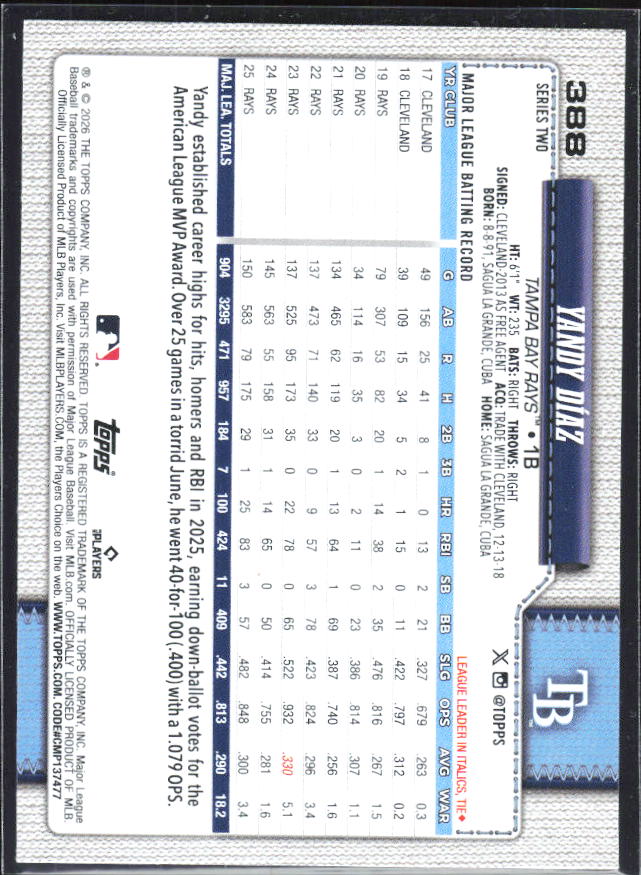 Yandy Díaz 2026 Series 2 #388 – baksida
