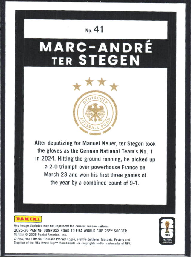 Marc-André ter Stegen 2025-26 Donruss Road to FIFA World Cup #41 – baksida