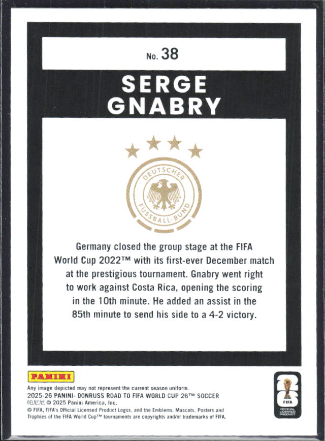 Serge Gnabry 2025-26 Donruss Road to FIFA World Cup #38 – baksida