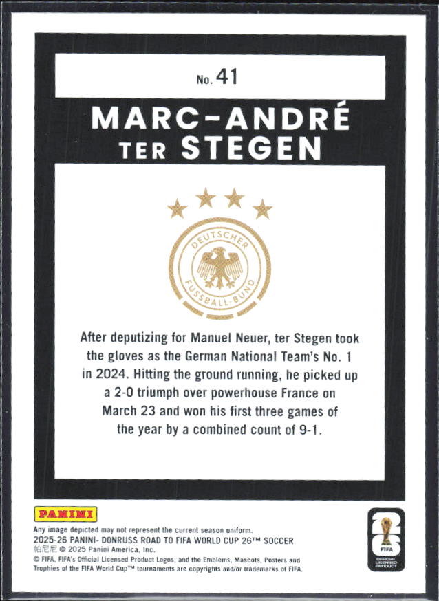 Marc-André ter Stegen 2025-26 Donruss Road to FIFA World Cup #41 – baksida