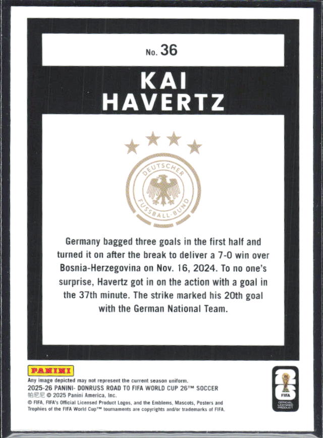 Kai Havertz 2025-26 Donruss Road to FIFA World Cup Optic #36 – baksida