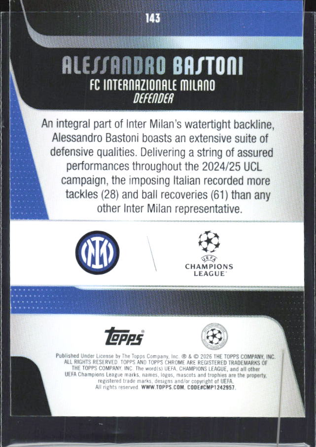 Alessandro Bastoni 2025-26 Chrome UEFA #143 – baksida