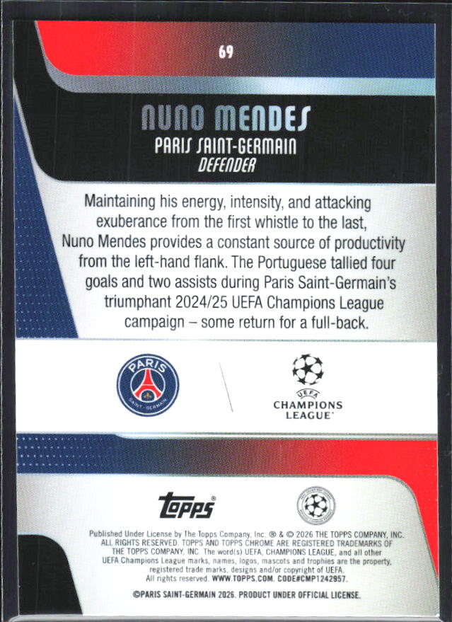 Nuno Mendes 2025-26 Chrome UEFA #69 – baksida