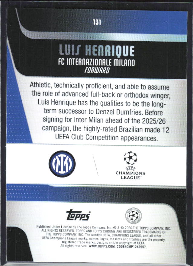 Luis Henrique 2025-26 Chrome UEFA #131 – baksida
