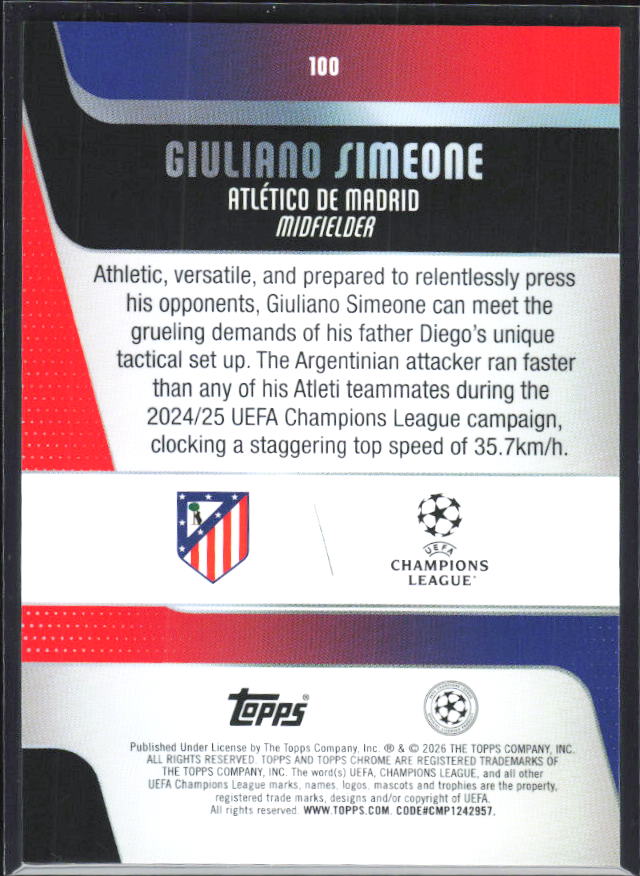 Giuliano Simeone 2025-26 Chrome UEFA #100 – baksida