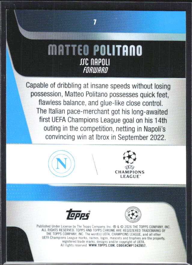 Matteo Politano 2025-26 Chrome UEFA #7 – baksida