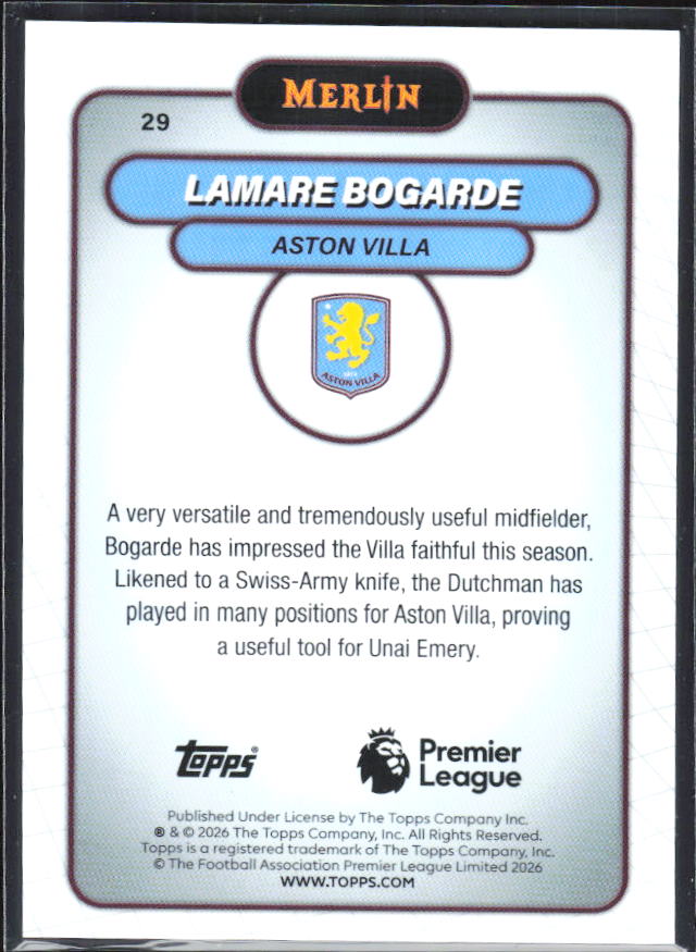 Lamare Bogarde 2026 Merlin Premier League #29 – baksida