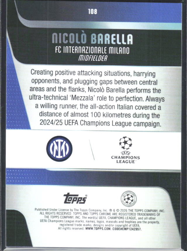 Nicolò Barella 2025-26 Chrome UEFA #108 – baksida