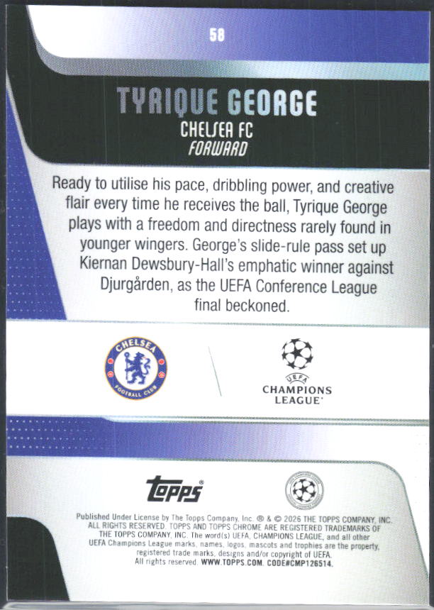 Tyrique George 2025-26 Chrome UEFA Future Stars #58 – baksida