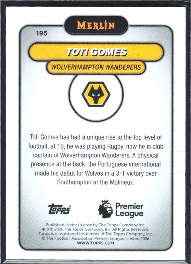Toti Gomes 2026 Merlin Premier League #195 – baksida
