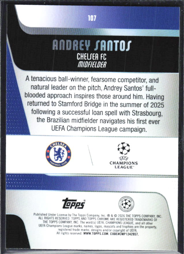 Andrey Santos 2025-26 Chrome UEFA #107 – baksida