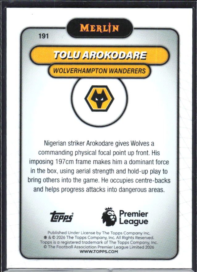 Tolu Arokodare 2026 Merlin Premier League RC #191 – baksida