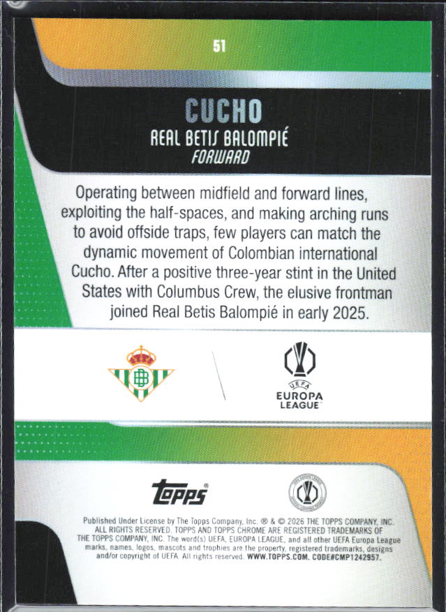 Cucho 2025-26 Chrome UEFA #51 – baksida