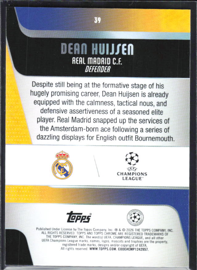 Dean Huijsen 2025-26 Chrome UEFA #39 – baksida