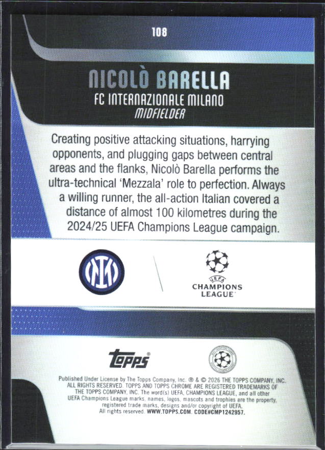 Nicolò Barella 2025-26 Chrome UEFA #108 – baksida