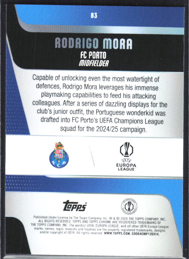 Rodrigo Mora 2025-26 Chrome UEFA Future Stars #83 – baksida