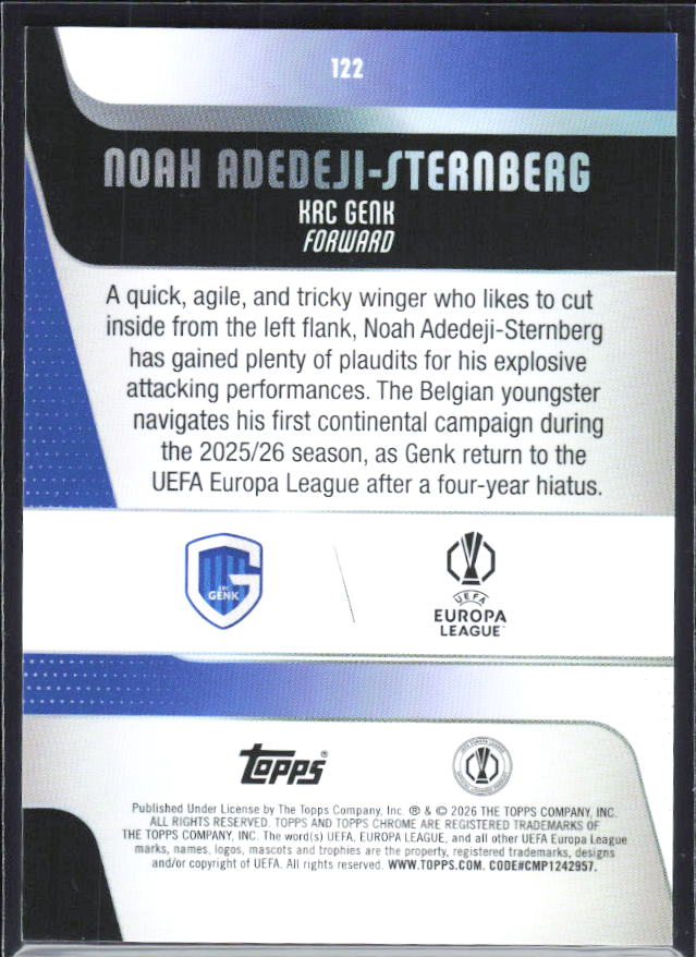 Noah Adedeji-Sternberg 2025-26 Chrome UEFA RC #122 – baksida