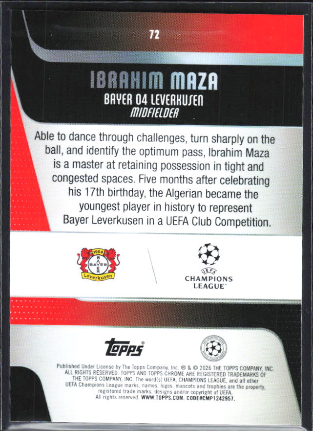 Ibrahim Maza 2025-26 Chrome UEFA #72 – baksida