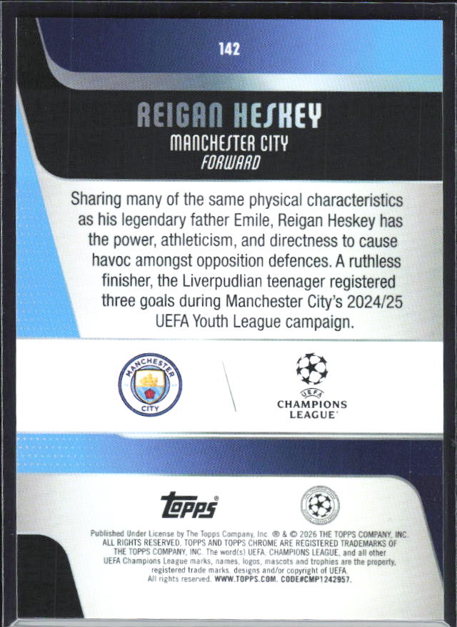 Reigan Heskey 2025-26 Chrome UEFA RC #142 – baksida