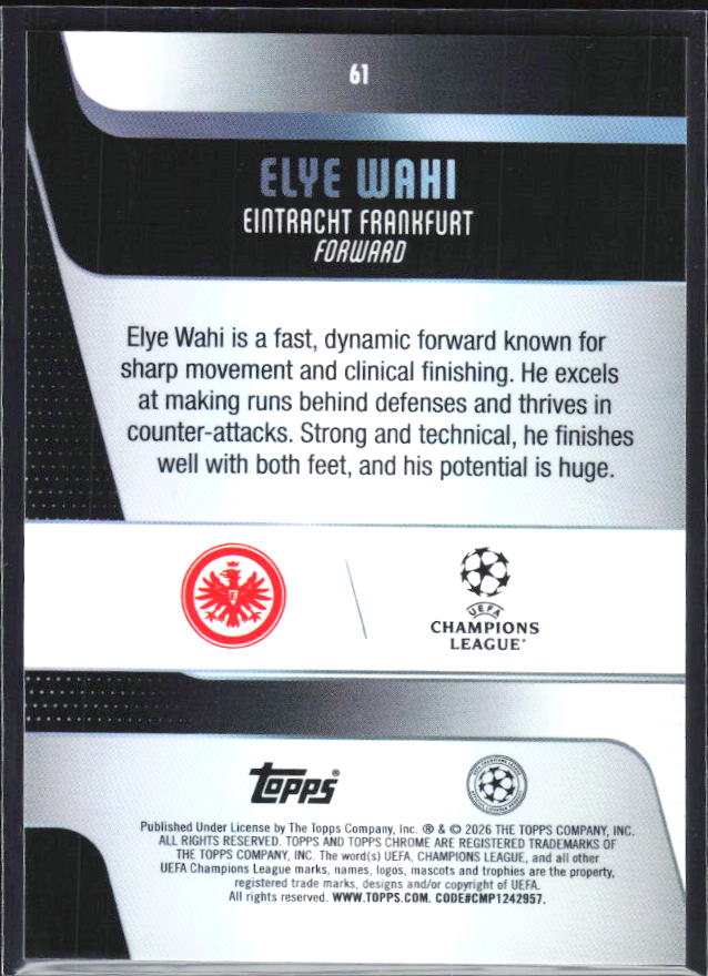 Elye Wahi 2025-26 Chrome UEFA #61 – baksida