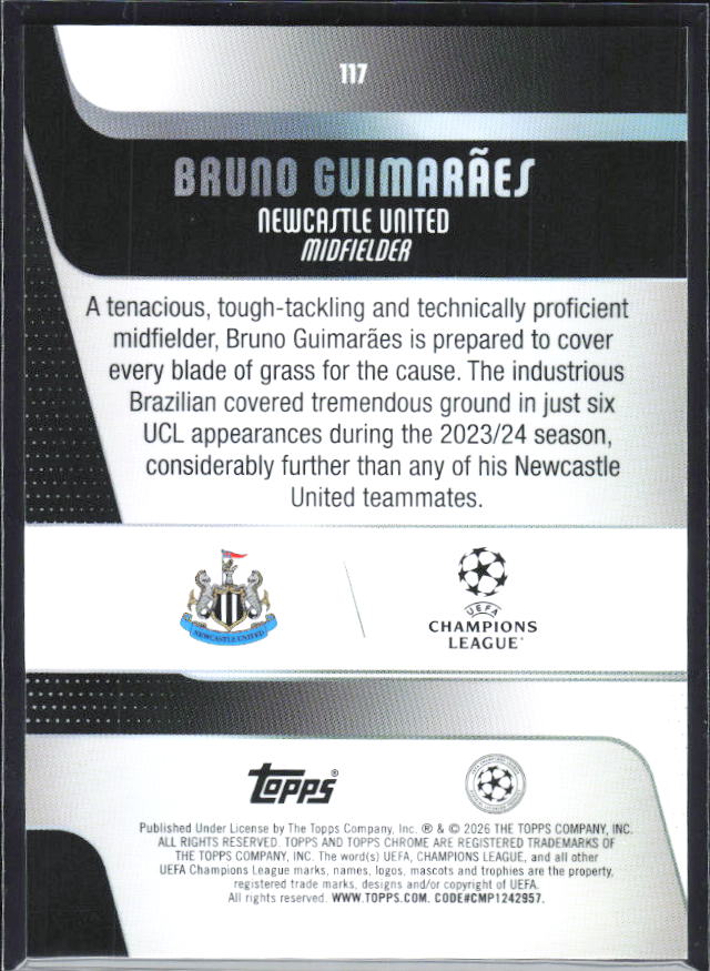 Bruno Guimarães 2025-26 Chrome UEFA #117 – baksida