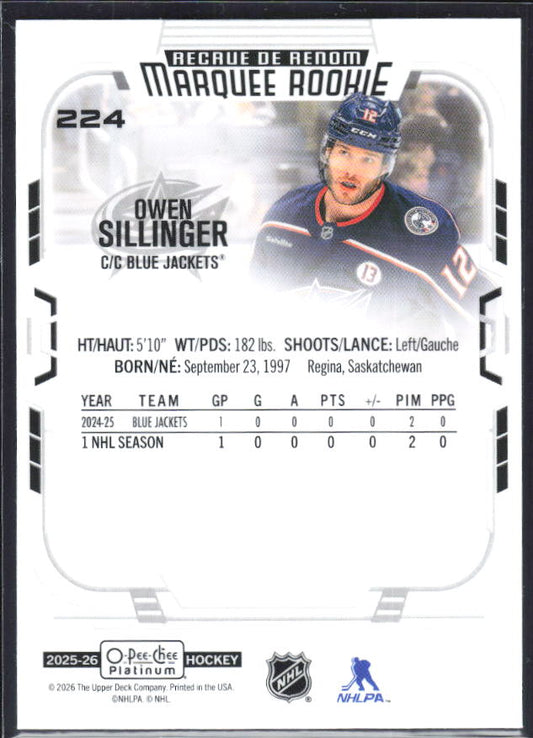 Owen Sillinger 2025-26 O-Pee-Chee Platinum Marquee Rookie #224 – baksida