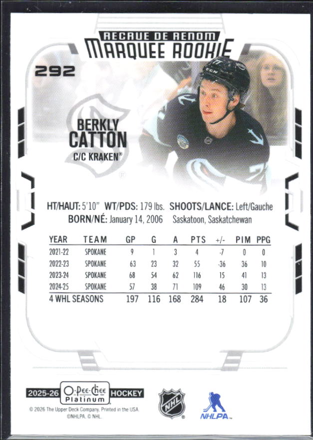 Berkly Catton 2025-26 O-Pee-Chee Platinum Marquee Rookie #292 – baksida
