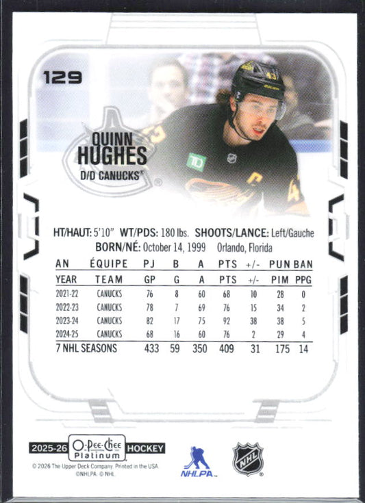 Quinn Hughes 2025-26 O-Pee-Chee Platinum #129 – baksida