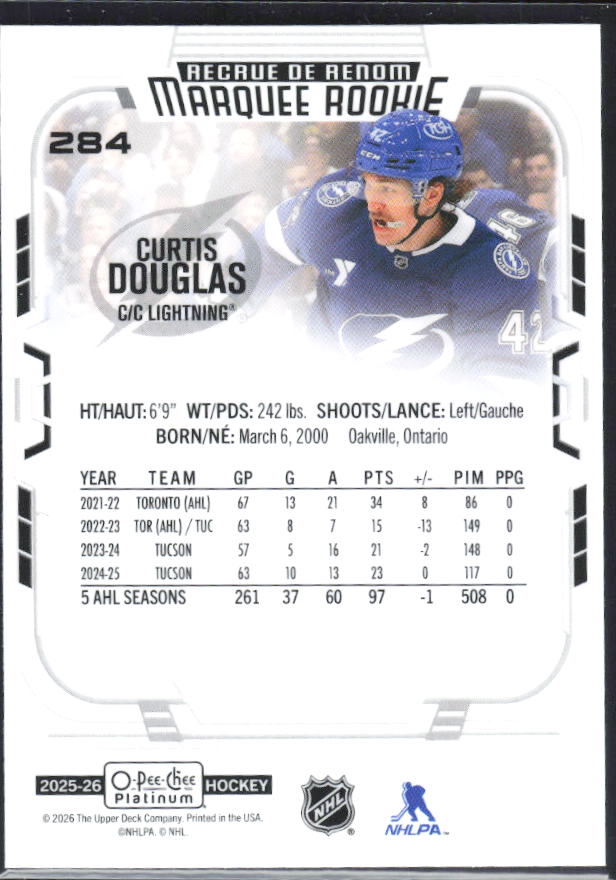 Curtis Douglas 2025-26 O-Pee-Chee Platinum Marquee Rookie #284 – baksida