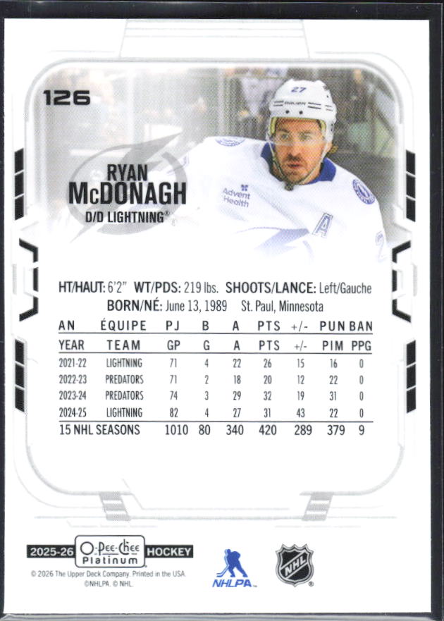 Ryan McDonagh 2025-26 O-Pee-Chee Platinum #126 – baksida