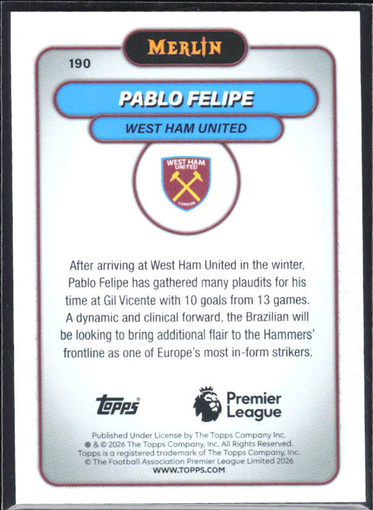 Pablo Felipe 2026 Merlin Premier League RC #190 – baksida