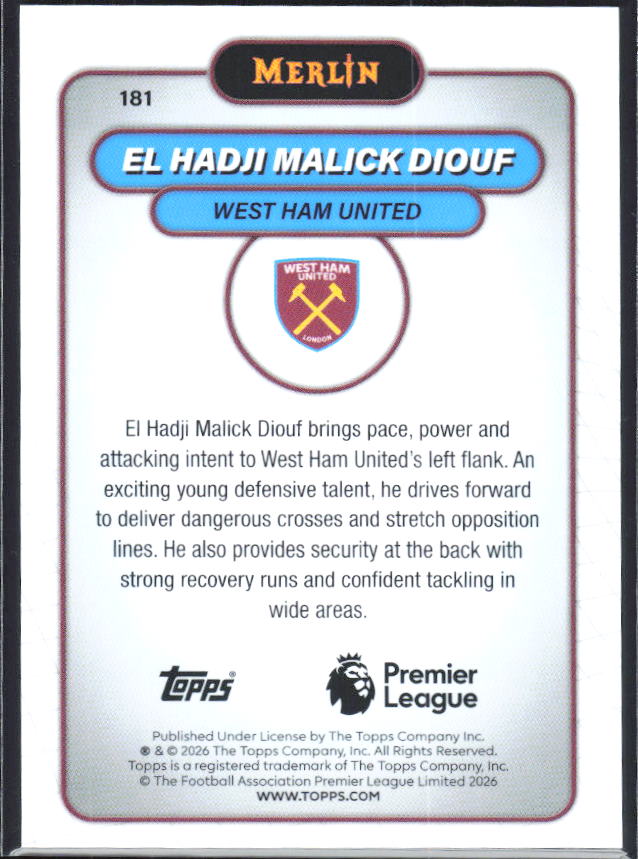 El Hadji Malick Diouf 2026 Merlin Premier League RC #181 – baksida