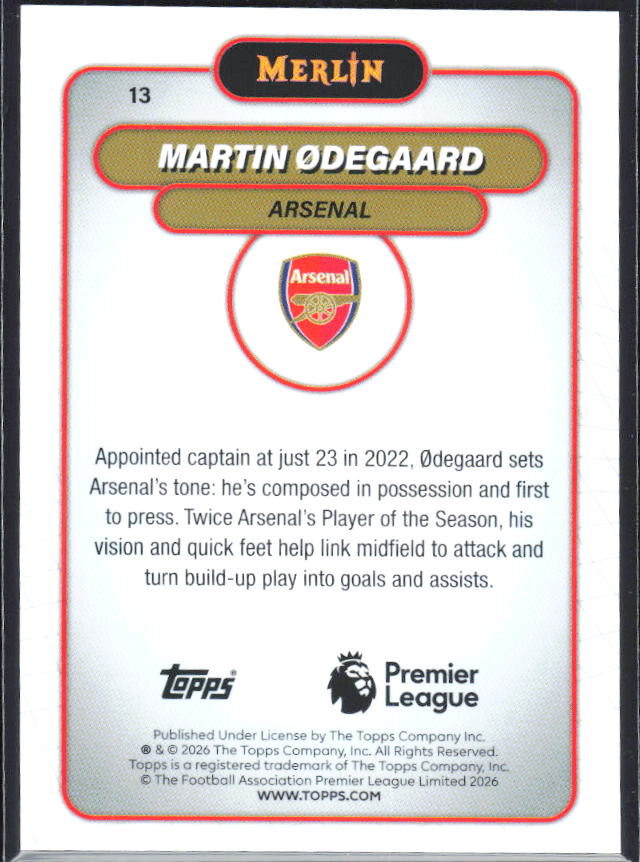 Martin Ødegaard 2026 Merlin Premier League #13 – baksida