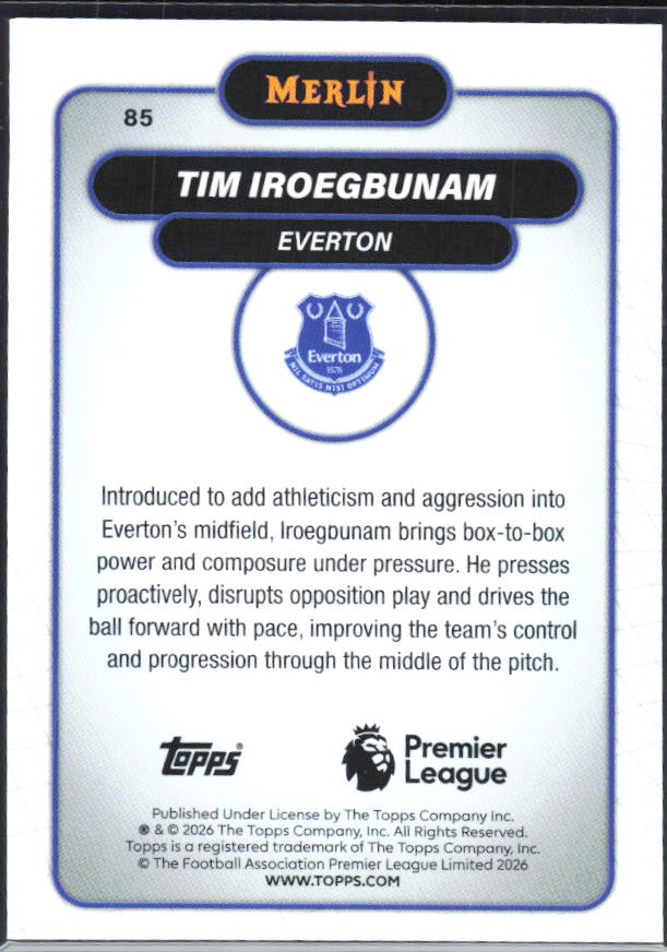 Tim Iroegbunam 2026 Merlin Premier League #85 – baksida