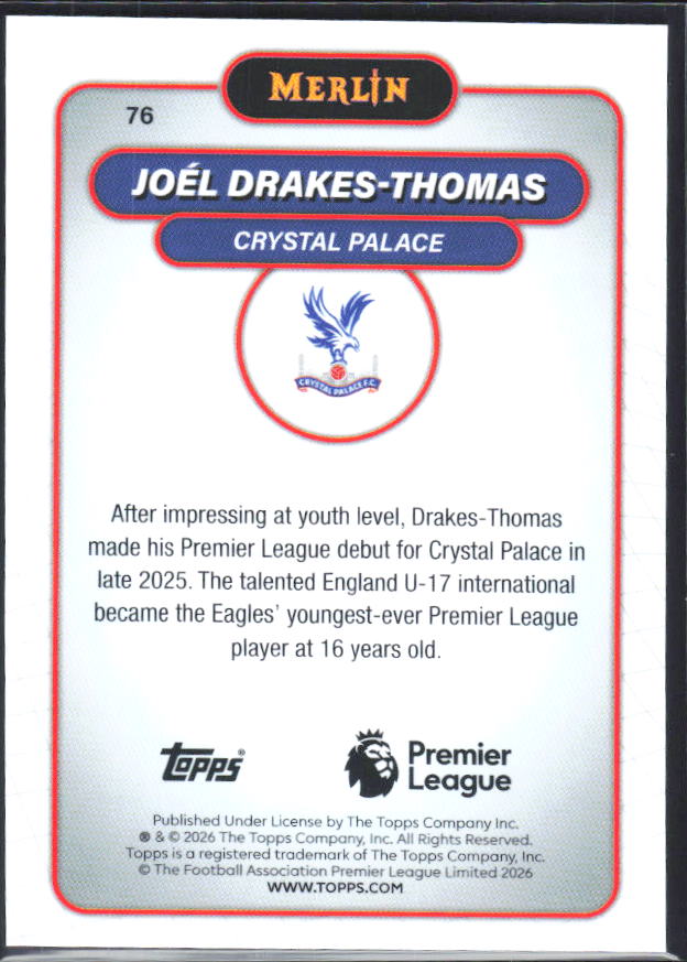 Joel Drakes-Thomas 2026 Merlin Premier League RC #76 – baksida