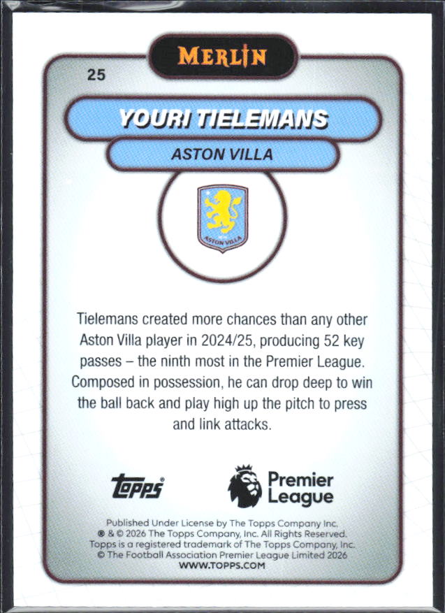 Youri Tielemans 2026 Merlin Premier League #25 – baksida