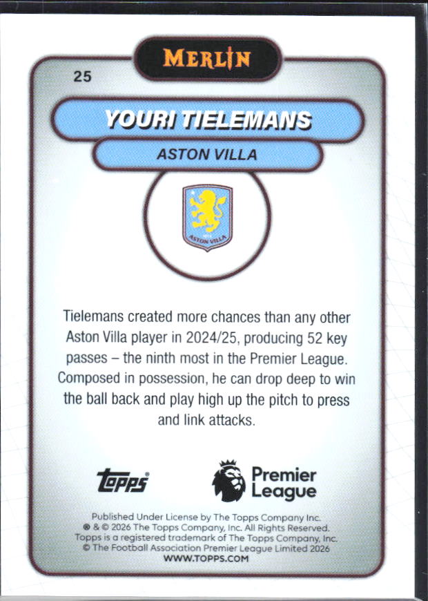 Youri Tielemans 2026 Merlin Premier League #25 – baksida