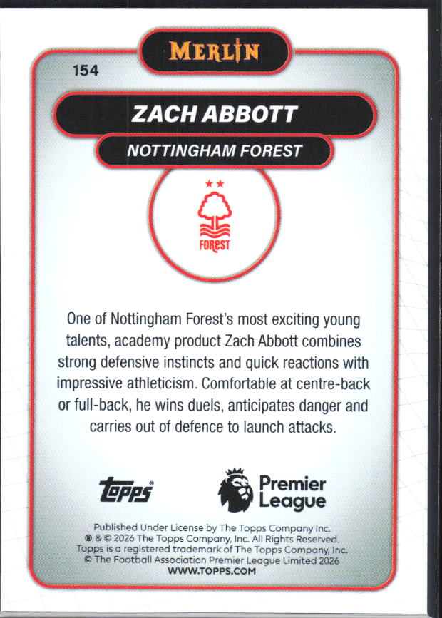 Zach Abbott 2026 Merlin Premier League RC #154 – baksida