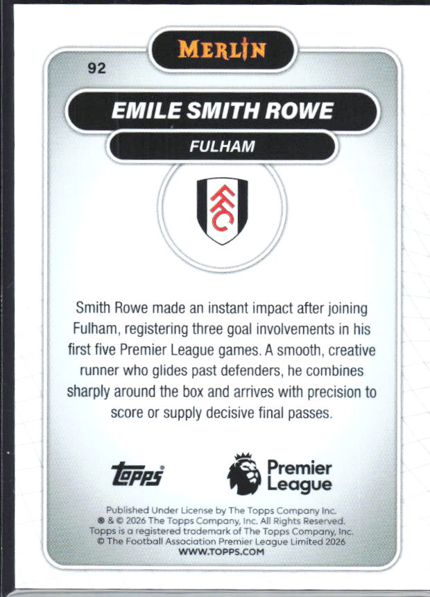 Emile Smith Rowe 2026 Merlin Premier League #92 – baksida
