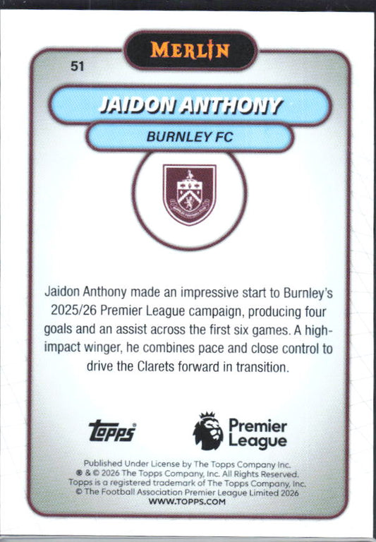 Jaidon Anthony 2026 Merlin Premier League #51 – baksida
