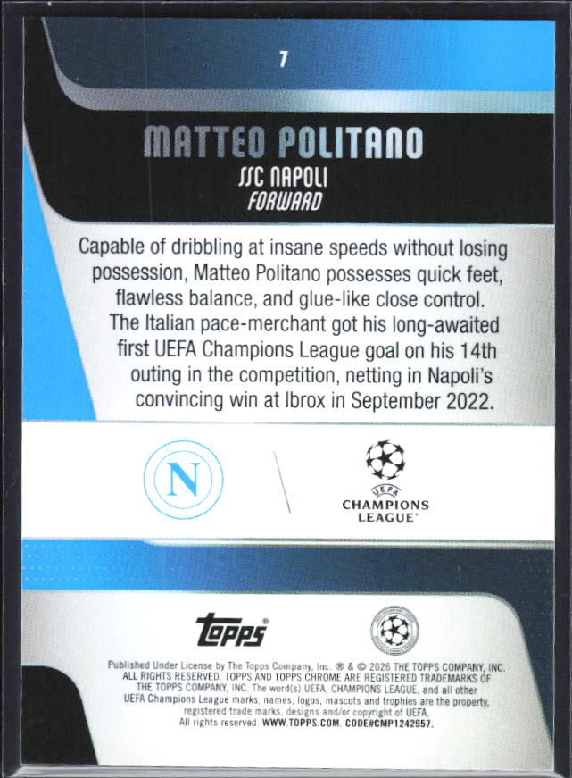 Matteo Politano 2025-26 Chrome UEFA #7 – baksida